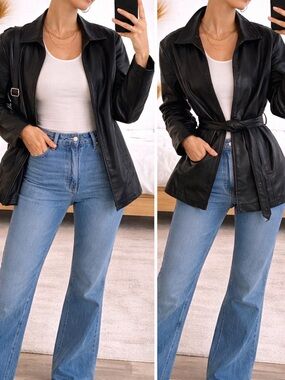 Vintage Worthington Black Leather Jacket Belted Minimal Clean Girl Chic